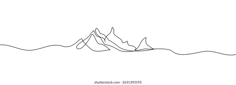 One continuous line drawing of mountain range landscape. Web banner with mounts in simple linear style. Adventure winter sports concept isolated on white background. Doodle vector illustration. EPS10 