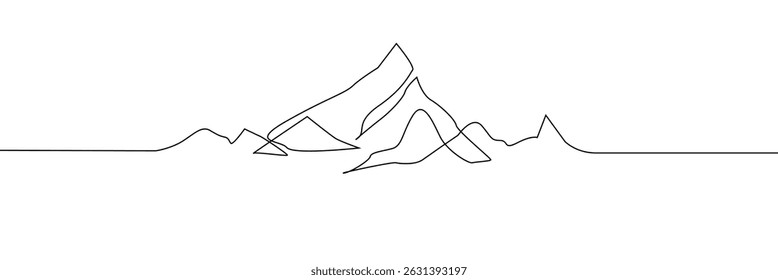 One continuous line drawing of mountain range landscape. Web banner with mounts in simple linear style. Adventure winter sports concept isolated on white background. Doodle vector illustration. EPS10 