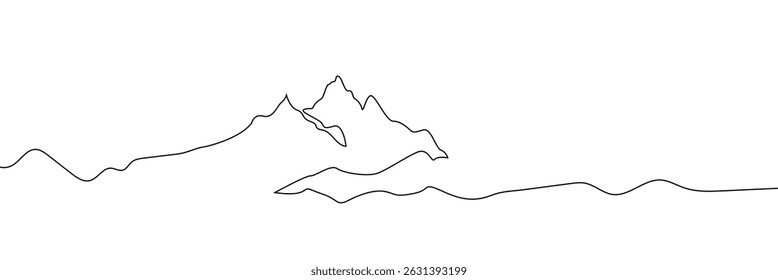 One continuous line drawing of mountain range landscape. Web banner with mounts in simple linear style. Adventure winter sports concept isolated on white background. Doodle vector illustration. EPS10 
