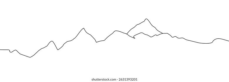 One continuous line drawing of mountain range landscape. Web banner with mounts in simple linear style. Adventure winter sports concept isolated on white background. Doodle vector illustration. EPS10 