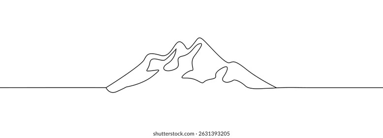 One continuous line drawing of mountain range landscape. Web banner with mounts in simple linear style. Adventure winter sports concept isolated on white background. Doodle vector illustration. EPS10 