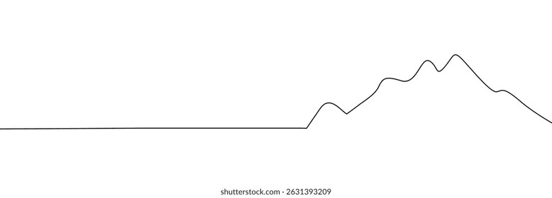 One continuous line drawing of mountain range landscape. Web banner with mounts in simple linear style. Adventure winter sports concept isolated on white background. Doodle vector illustration. EPS10 