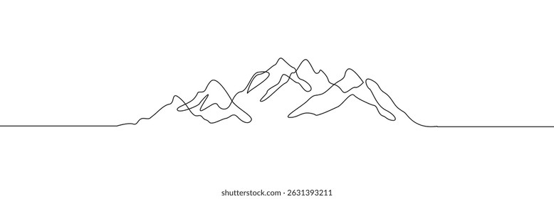 One continuous line drawing of mountain range landscape. Web banner with mounts in simple linear style. Adventure winter sports concept isolated on white background. Doodle vector illustration. EPS10 