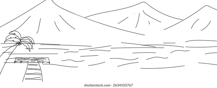 One continuous line drawing of mountain ridge landscape. Web banner with high mounts and peaks in simple linear style. Adventure winter sports ski and hiking concept. Doodle vector illustration