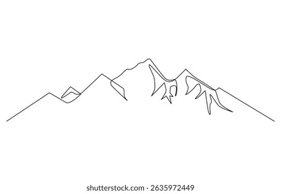 One continuous line drawing of the mountain vector illustration, Mountain - continuous line drawing. One line mountain range landscape background. Rocky peaks in simple linear style.