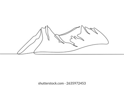 One continuous line drawing of the mountain vector illustration, Mountain - continuous line drawing. One line mountain range landscape background. Rocky peaks in simple linear style.