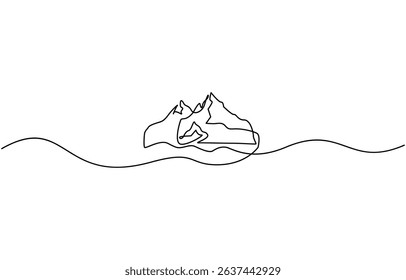 One continuous line drawing of mountain range landscape, Mountains, Web banner with high mounts and peaks in simple linear style.