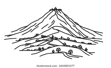 One continuous line drawing of mountain range landscape. Top view of mounts in simple linear style. Adventure winter sports concept isolated on white background. Doodle vector illustration