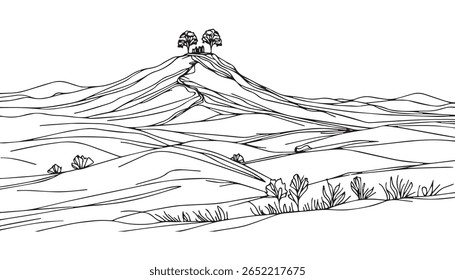 One continuous line drawing of mountain range landscape. Top view of mounts in simple linear style. Adventure winter sports concept isolated on white background. Doodle vector illustration