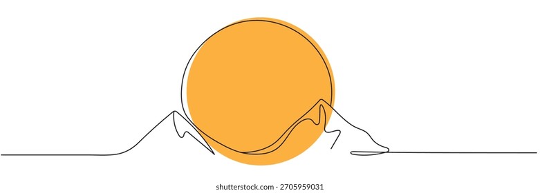 Um desenho de linha contínua de uma paisagem de montanha e sol em um estilo de linha simples isolado em um fundo branco. Ilustração vetorial, arte de linha editável.