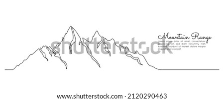 One continuous line drawing of mountain range landscape. Web banner with mounts and high peak in simple linear style. Adventure winter sports and hiking tourism concept. Vector illustration