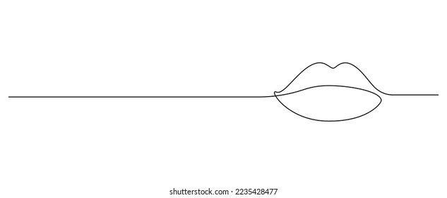 One continuous line drawing of mouth and lips. Concept symbol of makeup and lipstick in simple linear style. Mascot icon for posters, cards, banner, template, web. Doodle vector illustration