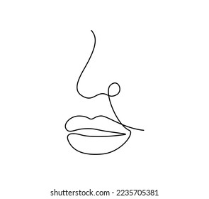 Un dibujo continuo de la boca y los labios. Retrato de la cara de contorno de maquillaje y lápiz labial en un estilo lineal simple. Icono de mascota para afiches, tarjetas, banner, plantilla, web. Ilustración del vector Doodle
