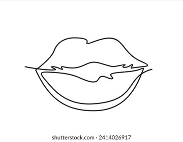 One continuous line drawing of mouth and lips. Concept symbol of makeup and lipstick in simple linear style. Mascot icon for posters, cards, banner, template, web. Doodle vector illustration