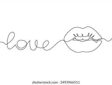 Una línea continua de dibujo de boca y labios. Símbolo conceptual de maquillaje y lápiz labial en estilo lineal simple. Icono de mascota para posters, tarjetas, Anuncio de trazo editable. Ilustración vectorial de Doodle