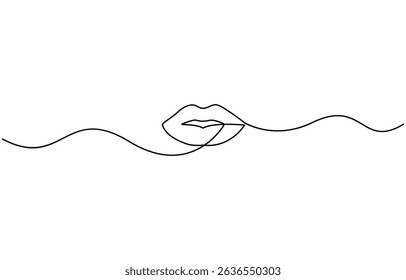 One continuous line drawing of mouth and lips,  Minimal design element for print, banner, Valentine’s card, wall art poster, brochure, postcard.
