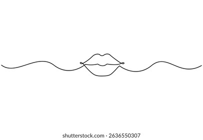One continuous line drawing of mouth and lips,  Minimal design element for print, banner, Valentine’s card, wall art poster, brochure, postcard.