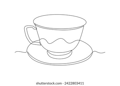 One continuous line drawing of Mug and Plate concept. Doodle vector illustration in simple linear style.