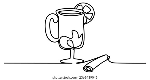 Eine durchgehende Zeichnung des Glühweins mit Zimt. Winterwärmer trinken Glühwein im einfachen linearen Stil. Bearbeitbarer Strich. Doodle-Umriss-Vektorgrafik
