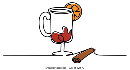 One continuous line drawing of mulled wine with cinnamon. Winter warming drink mulled wine in simple linear style. Editable stroke. Doodle outline vector illustration