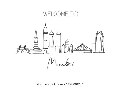 One continuous line drawing Mumbai city skyline, India. Beautiful city landmark home decor wall art poster print. World landscape tourism travel vacation. Single line draw design vector illustration