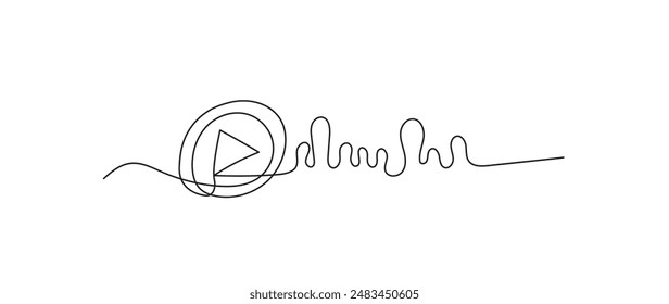 One continuous line drawing of music player soundbar with play button. Record audio and sound wave voice message in simple linear style. Editable stroke. Continuous line art drawing.