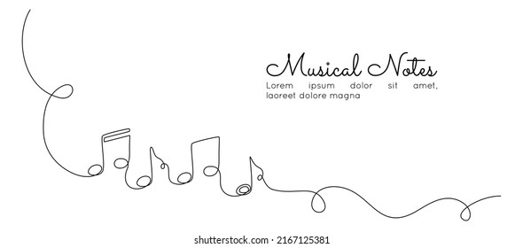 One continuous line drawing of musical notes. Minimalist logo and symbol of sound and music school in simple linear style. Editable stroke. Doodle vector illustration 