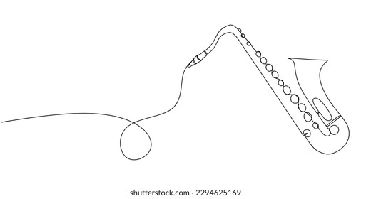 Eine kontinuierliche Linie, die musikalisches Instrument Saxophon auf weißem Hintergrund zeichnet. Eine Linie Saxophon, Musikjazzinstrument in minimalem Stil. Vektorgrafik.