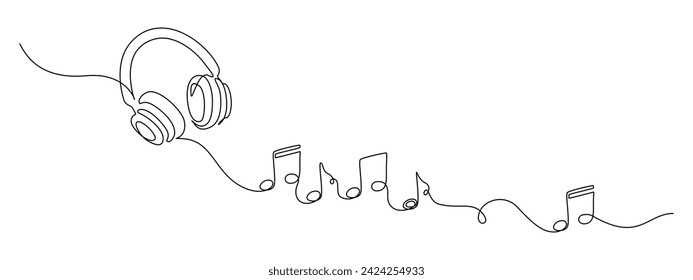 Dibujo de una línea continua de notas musicales y auriculares. Banner web minimalista y logotipo moderno de la escuela de sonido y música en estilo lineal simple. Trazo editable. Doodle ilustración vectorial