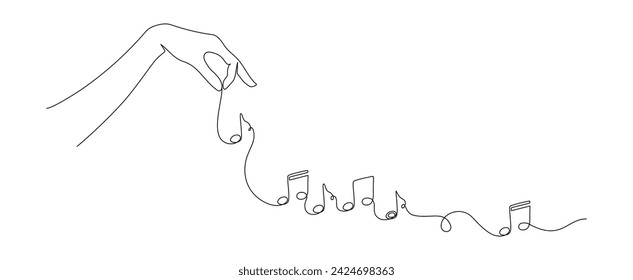 One continuous line drawing of musical notes with hand. Horizontal web banner and minimalist logo of sound and music school in simple linear style. Editable stroke. Doodle vector illustration