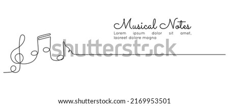 One continuous line drawing of musical notes. Minimalist web banner and logo of music school or choir concert in simple linear style. Editable stroke. Doodle vector illustration