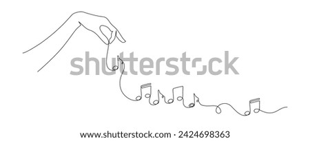 One continuous line drawing of musical notes with hand. Horizontal web banner and minimalist logo of sound and music school in simple linear style. Editable stroke. Doodle vector illustration