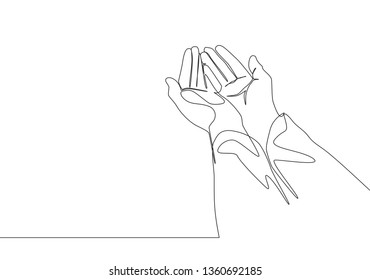 One continuous line drawing of muslim people open and raise hands to pray to God. Islamic holy day Ramadan Kareem and Eid Mubarak greeting card concept single line draw design vector illustration