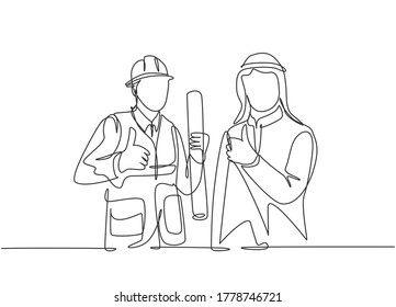 One continuous line drawing of muslim businessman and building constructor collaboration and give thumbs up. Islamic clothing kandura, scarf, keffiyeh. Single line draw design vector illustration