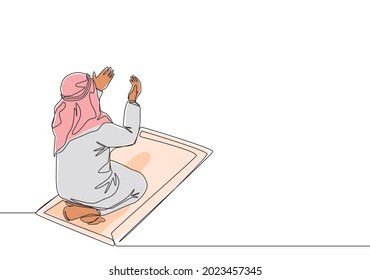 One continuous line drawing of muslim person raise and open hands praying on sajadah, from rear view. Islamic Ramadan Kareem and Eid Mubarak pray concept single line draw design vector illustration