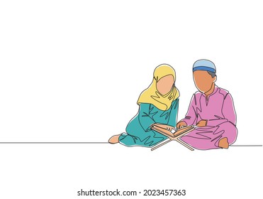 One continuous line drawing of muslim and muslimah kids reading and recite Quran. Islamic holy day Ramadan Kareem and Eid Mubarak greeting card concept single line draw design vector illustration
