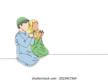 Un contínuo dibujo de la línea musulmana y la musulmana rezan solteros a Dios. Día sagrado islámico Ramadan Kareem y Eid Mubarak concepto de tarjeta de saludo diseño de línea única dibujo ilustración vectorial