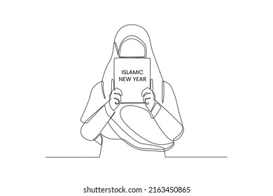 One continuous line drawing of Muslim woman holding Islamic New Year's book in her hand. Happy Islamic new Year. Single line draw design vector graphic illustration.