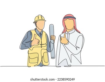 One continuous line drawing of muslim businessman and building constructor collaboration and give thumbs up. Islamic clothing kandura, scarf, keffiyeh. Single line draw design vector illustration