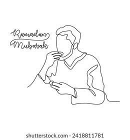 One continuous line drawing of a Muslim man is breaking his fast by eating dates vector illustration. Ramadhan Mubarak activity illustration in simple linear style vector concept. suitable for asset.