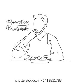 One continuous line drawing of a Muslim man is breaking his fast by eating dates vector illustration. Ramadhan Mubarak activity illustration in simple linear style vector concept. suitable for asset.