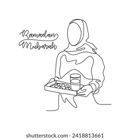 One continuous line drawing of a Muslim woman is preparing a menu for breaking the fast with dates and drinks vector illustration. Ramadhan Mubarak activity illustration in simple linear style vector.