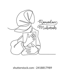 One continuous line drawing of a Muslim woman read the Quran and pray in the mosque during Ramadhan vector illustration. Ramadhan Mubarak activity illustration in simple linear style vector concept.
