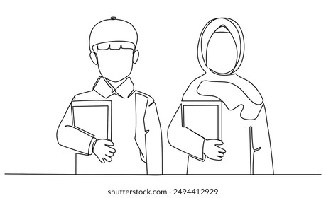 One continuous line drawing of a Muslim boy and girl carrying a Qur'an book for recitation at the mosque illustration design vector concept single line concept drawing	