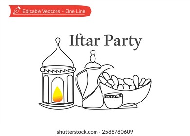 One continuous line drawing of Muslim celebratory iftar party dishes. Bowl of dates, teapot, cup and lantern. Vector illustration of Iftar Ramadan Kareem, Ramadan Mubarak one line art arabic drawing.