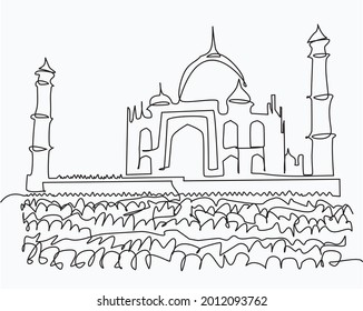 Un contínuo dibujo de líneas de musulmanes y musulmanes rezando Eid al-Adha y Eid al-Fitr en el campo.  Veneración del concepto musulmán de dibujo de línea única diseño de ilustración vectorial. 