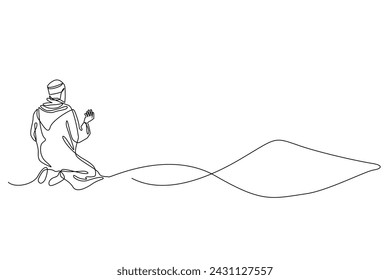 one continuous line drawing of muslims praying on a hill.one continuous line vector drawing of people in traditional Islamic clothing praying on a hill.single line vector illustration