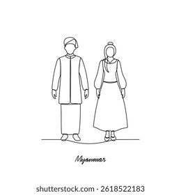 One continuous line drawing of Myanmar country couple clothes vector illustration. Asian traditional clothes concept in simple linear style. Fashion and beauty for educational and asset purpose