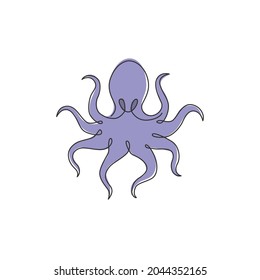 Un continuo dibujo de línea de misterioso pulpo para la identidad del logo del restaurante de mariscos. Concepto de mascota animal oceánica para el ícono japonés de comida rápida de sushi. Ilustración vectorial de diseño de líneas simples