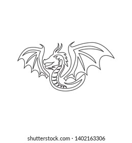 One continuous line drawing of mythological creature dragon for company logo identity. Fantasy flying dinosaurs animal mascot concept for decorative tribal. Single line draw design vector illustration